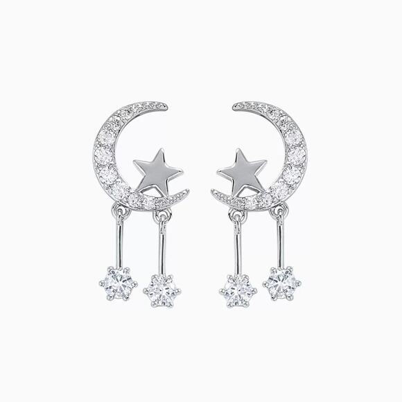 Aibhne Moon Star Silver Crystal Dainty Gold Earrings - Picture 1 of 10